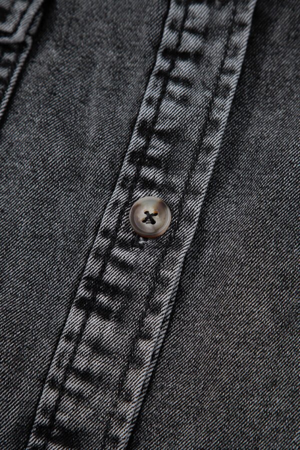 Black Short Sleeve Flap Pocket Button Up Raw Hem Denim Shirt