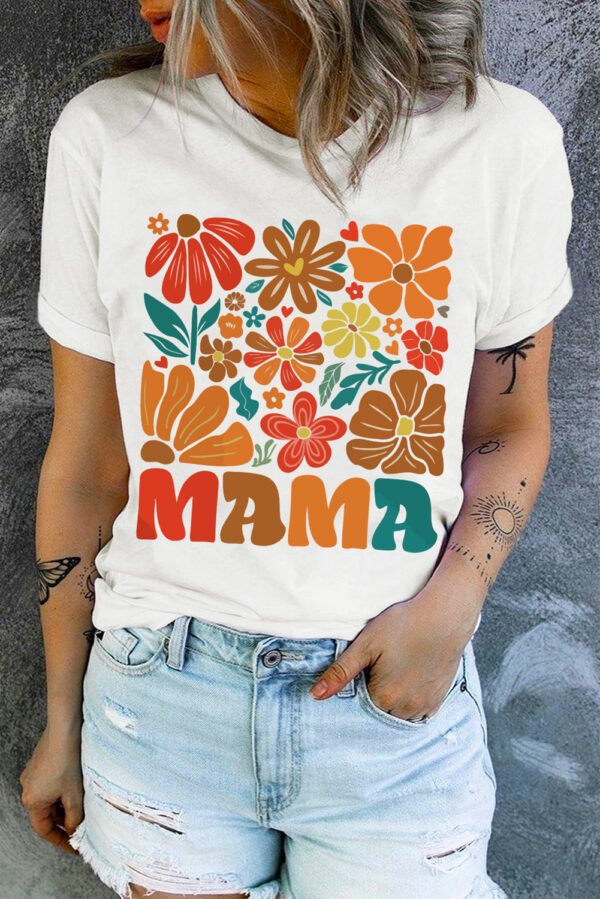 White MAMA Flower Graphic Crewneck Tee