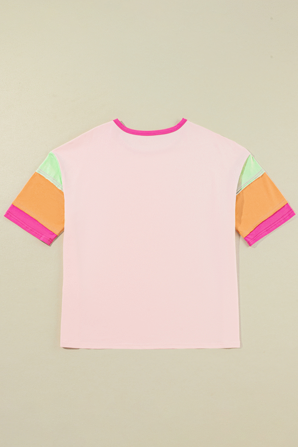 Pink Sequin MAMA Letter Graphic Color Block Patchwork Sleeve Tee