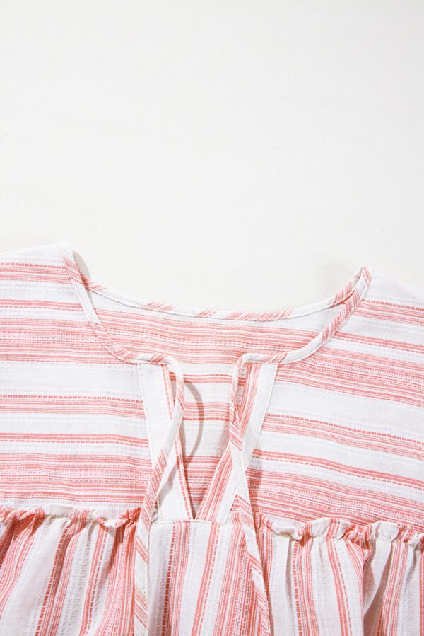 Pink Stripe Plus Size Tassel Tie Frilled Detail Short Sleeve Blouse