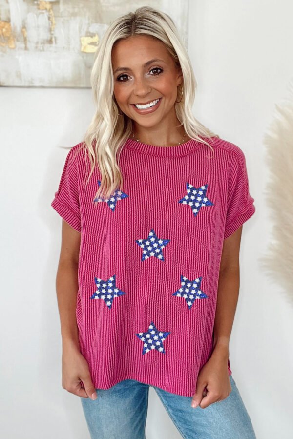 Rose Red Sequin Star Graphic Corded Side Split Patriotic T Shirt