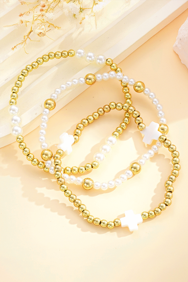 Gold Pearl Plated Alloy Multi Layer Stretch Bracelet