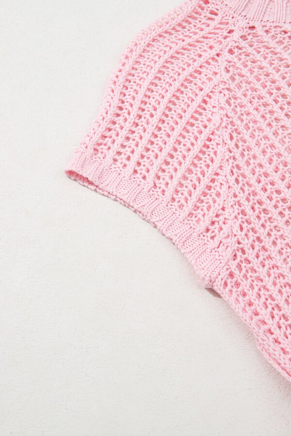 Pink Hollow-out Crochet Side Tied Short Sleeve Sweater