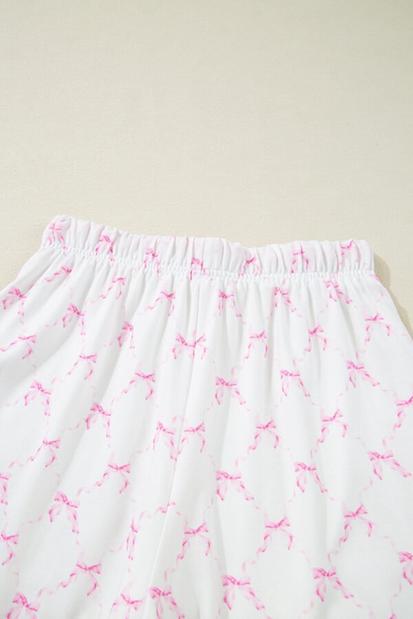 Pink Bow Knot Geometric Print Lettuce Trim Two Piece Lounge Set