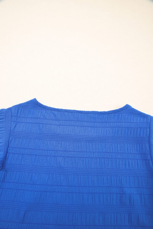 Dark Blue Textured Ruffled Sleeve Round Neck Top