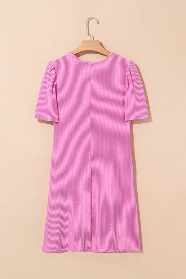 Bright Pink Corded Knit Crew Neck Puff Sleeve Shift Mini Dress
