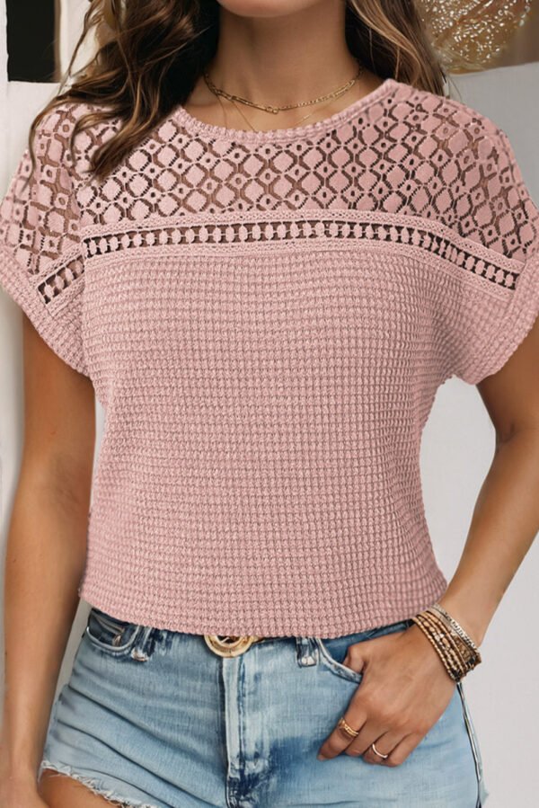 Light Pink Lace Patchwork Waffle Short Sleeve Top