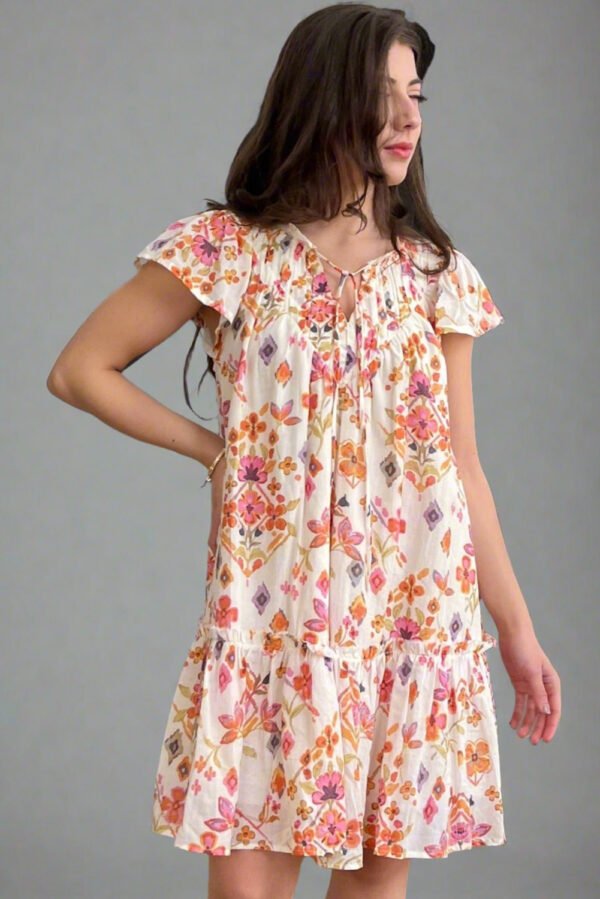 Apricot Floral Geometric Print Ruffled Trim Flutter Sleeve Mini Dress