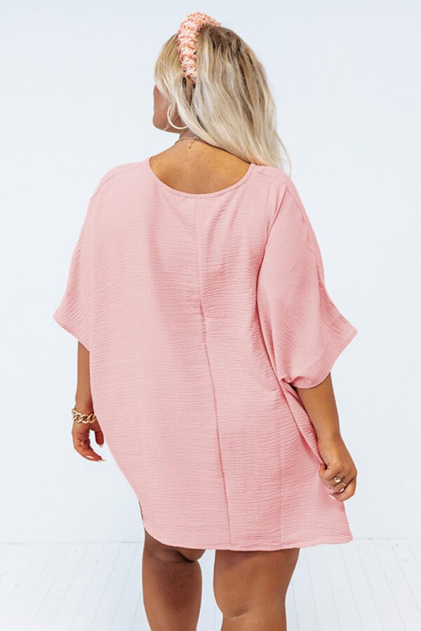 Pink Textured Half Sleeve V Neck Plus Size T Shirt with Chest Pocket