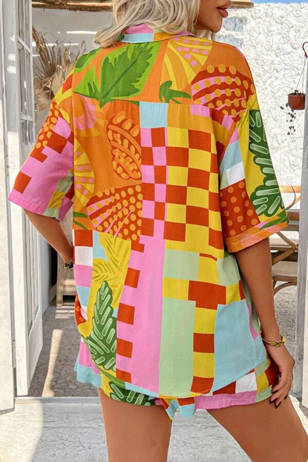 Red Vacation Printed Loose Shirt and Drawstring Shorts Set
