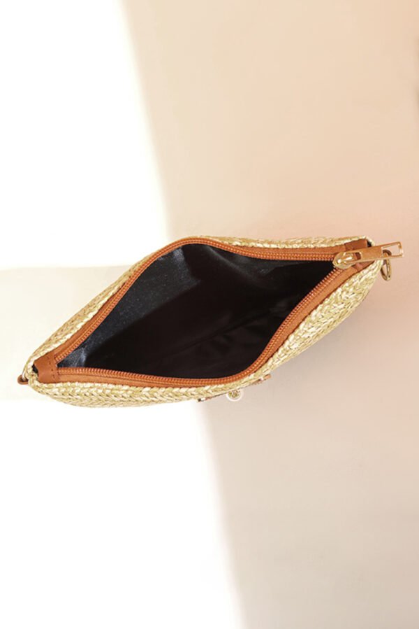Beige Bow Pearl Decor Straw PU Leather Patched Crossbody Bag