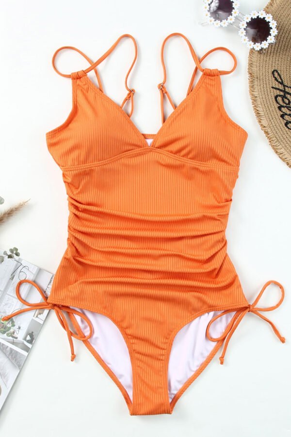 Orange Adjustable Straps Ribbed Knit One Piece Swimsuit