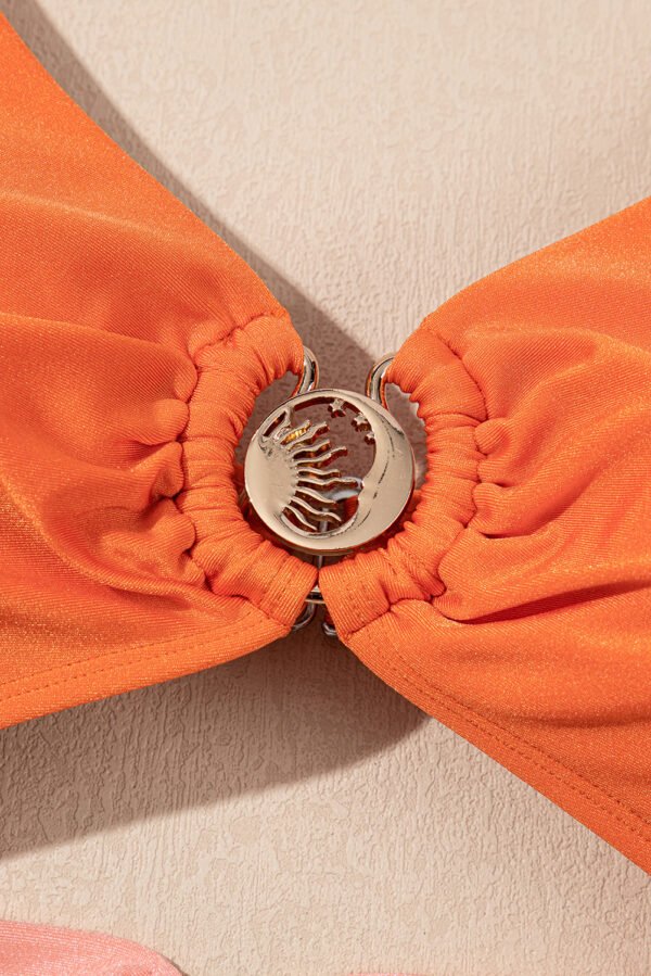 Orange Ruffle Sleeve Tricolor Cutout Front Ring One Piece Swimsuit