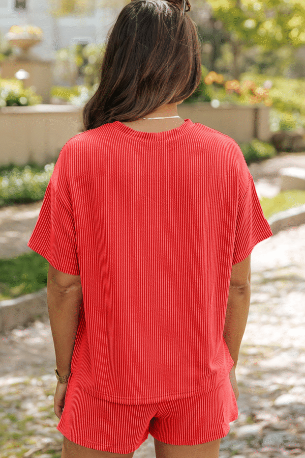Orange Baseball Patched Twisted Rib T Shirt and Shorts Set