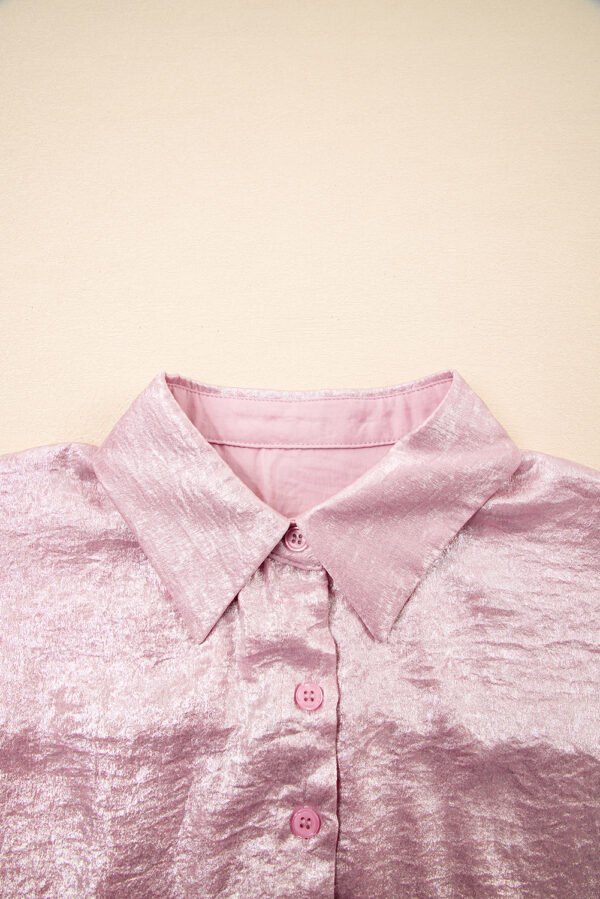 Pink Metallic Sheen Short Sleeve Buttoned Front Casual Shirt