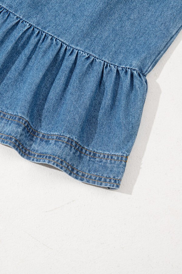 Dusk Blue Denim Ruffled Sleeve Lace up Front Peplum Top