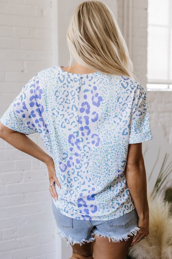 Sky Blue Mixed Leopard Print V Neck Short Sleeve Blouse