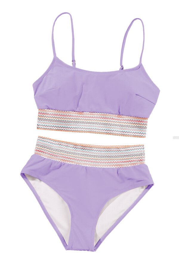 Orchid Petal Striped Patchwork Spaghetti Strap High Waist Bikini Swimsuit