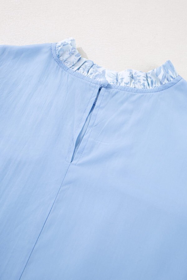 Beau Blue Lace Insert Floral Puff Sleeve Patchwork Loose Blouse