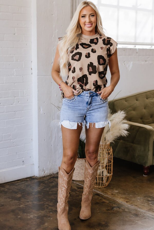 Khaki Leopard Crew Neck Cap Sleeve Casual Tee