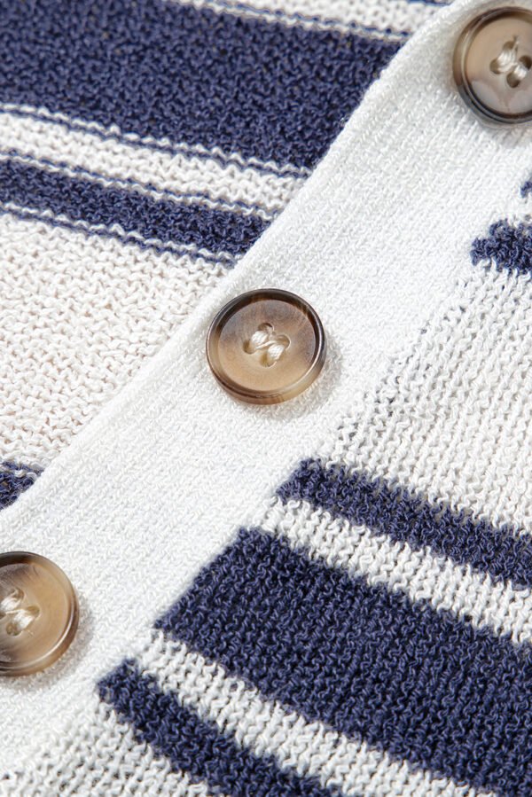 Dark Blue Stripe Collared Button V Neck Knitted T Shirt