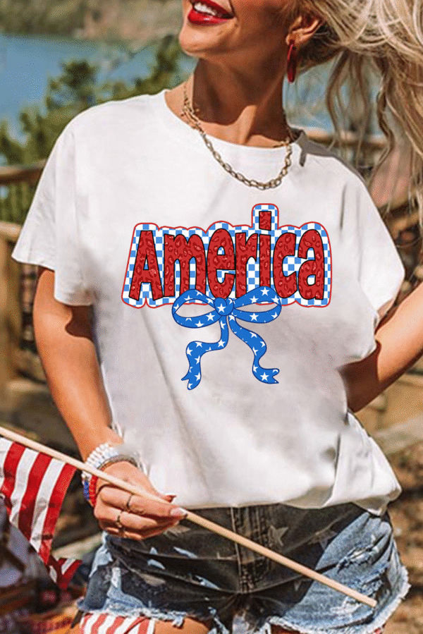 White Funky America Letter Bow Printed T Shirt