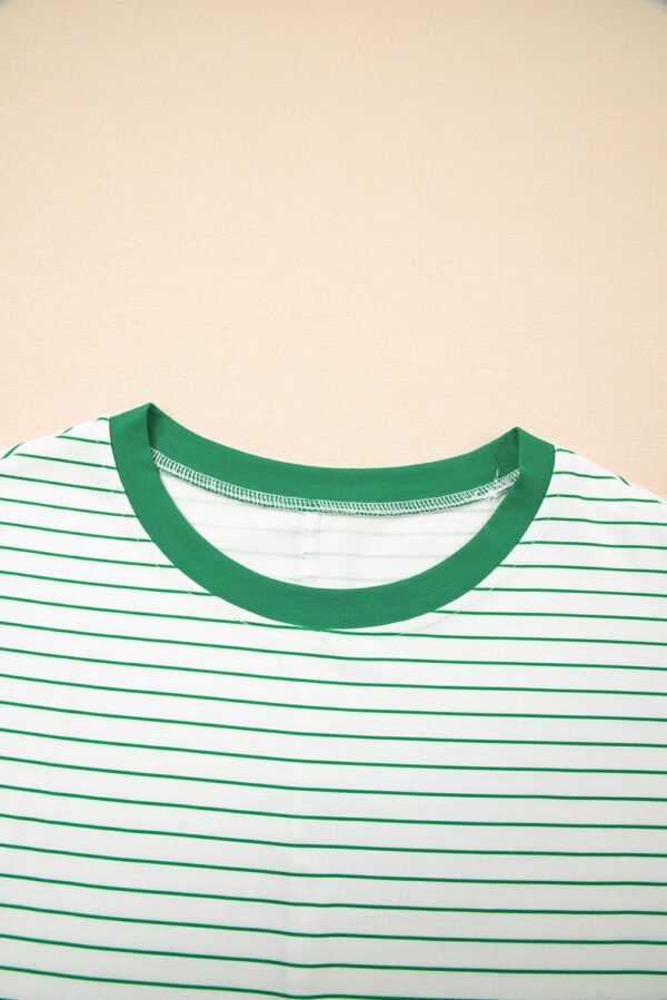 Green Stripe Ruffled Short Sleeve Crew Neck T Shirt Shift Mini Dress