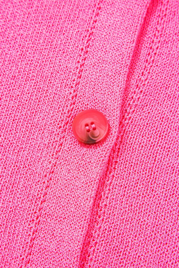 Bright Pink Distressed Hem Short Sleeve Knitted Button Front Sweater