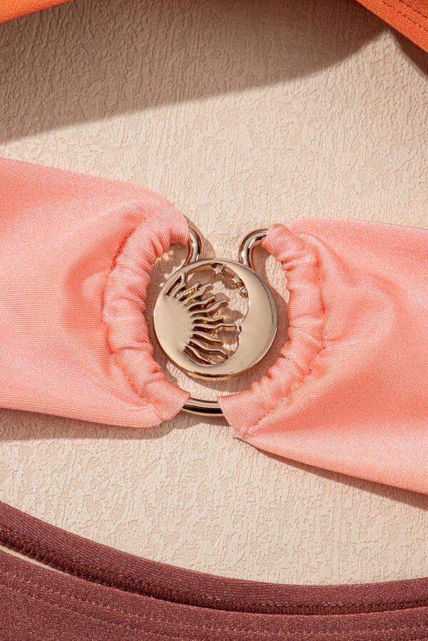 Orange Ruffle Sleeve Tricolor Cutout Front Ring One Piece Swimsuit