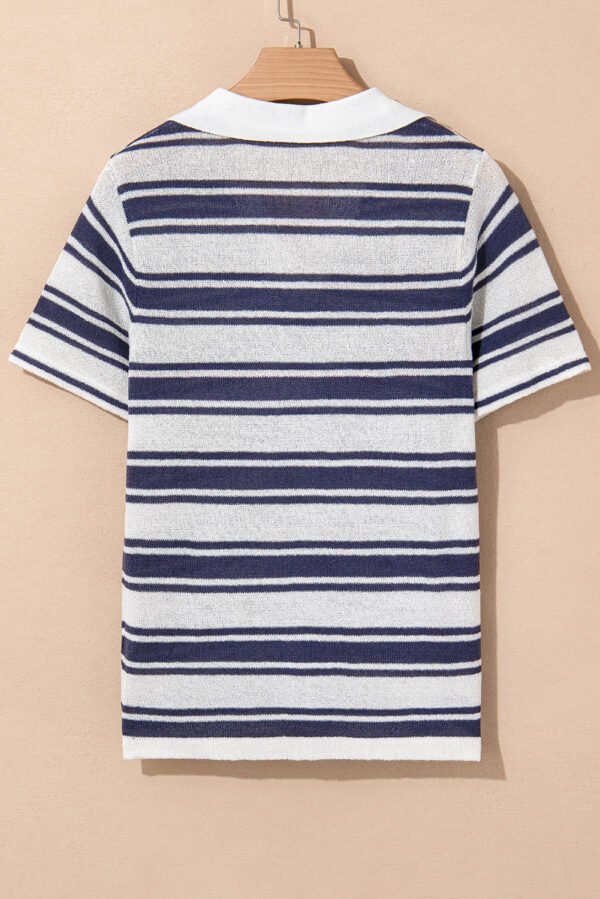 Dark Blue Stripe Collared Button V Neck Knitted T Shirt