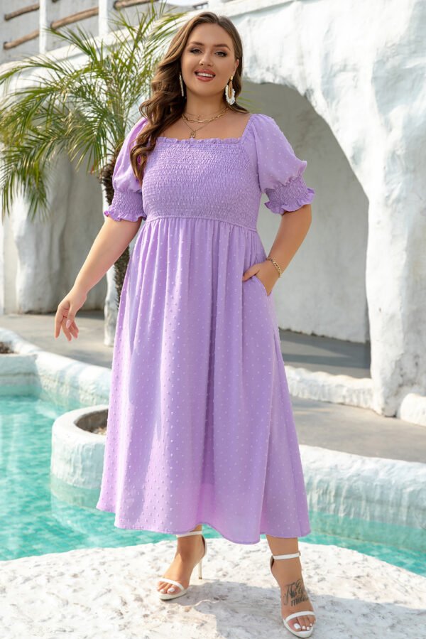 Wisteria Swiss Dot Smocked Frilled Neckline Short Sleeve Plus Size Dress