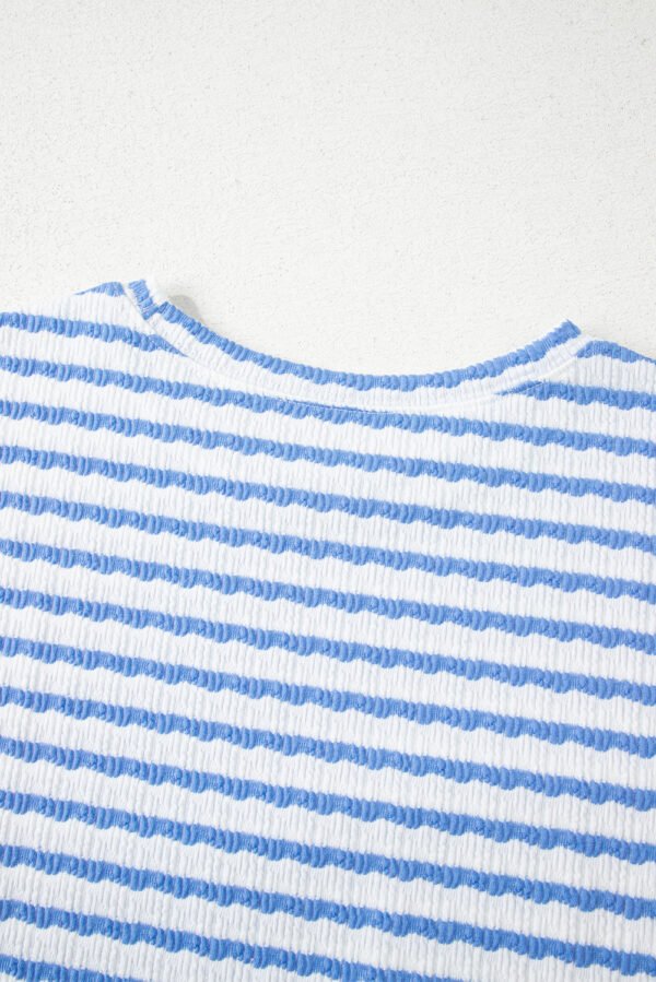 Sky Blue Stripe Knitted Short Sleeve Top and Drawstring Shorts Set