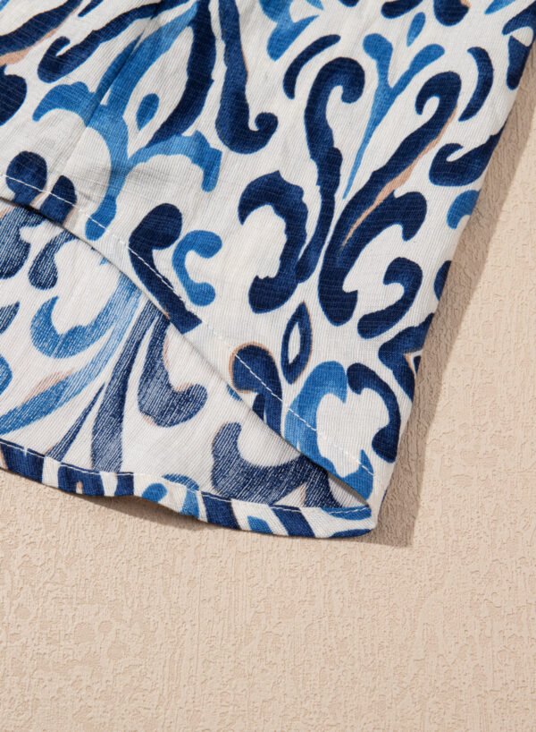 Sky Blue Boho Abstract Print Pintuck Detail Ruffled Top