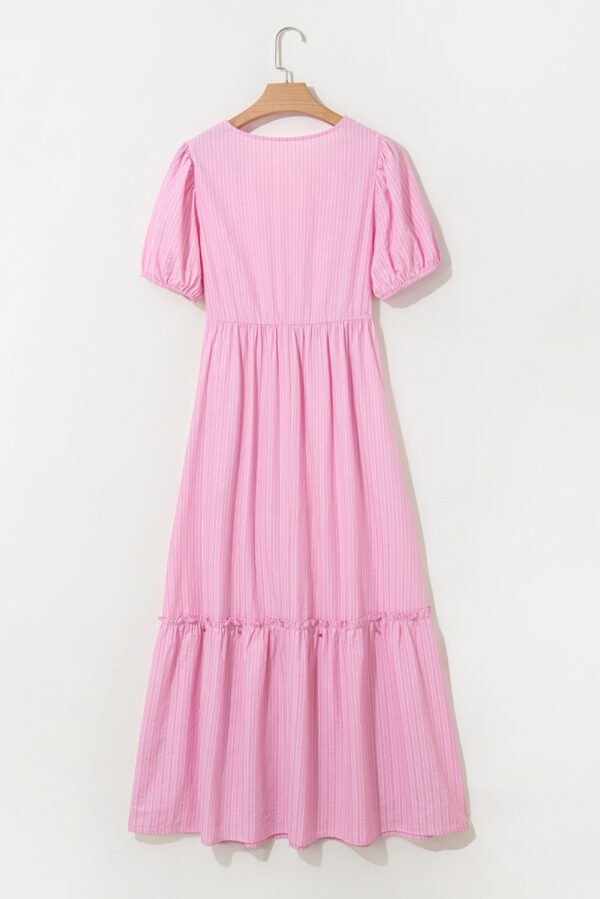 Pink Stripe V Neck Puff Short Sleeve Maxi Dress