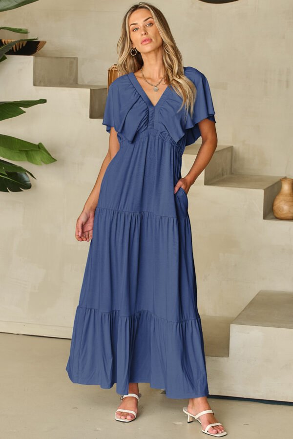 Navy Blue Textured V Neck Flutter Sleeve Ruffled Maxi Dress
