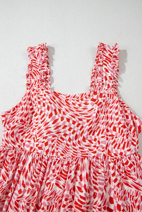 Pink Geometric Print Knot Back Sleeveless Ruffle Hem Dress