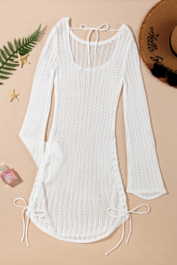 White Hollowout Knit Bell Sleeve Drawstring Short Beach dress