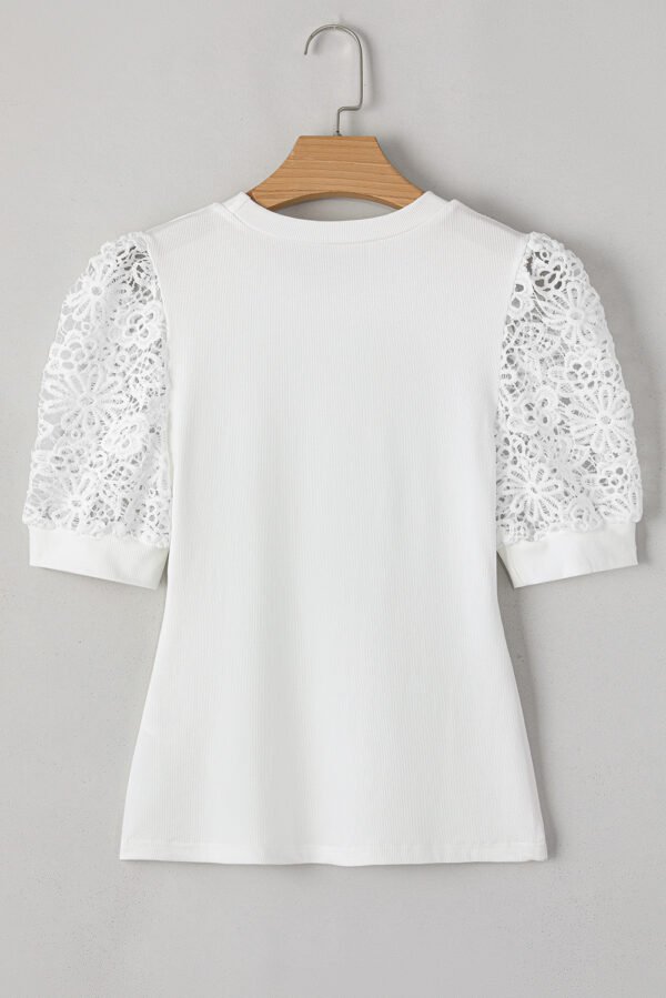 White Lace Floral Patchwork Ribbed Knit Half Sleeve T Shirt