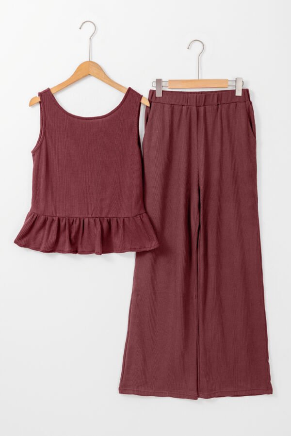 Red Dahlia Solid Color Ribbed Ruffle Tank Top and Pants Set