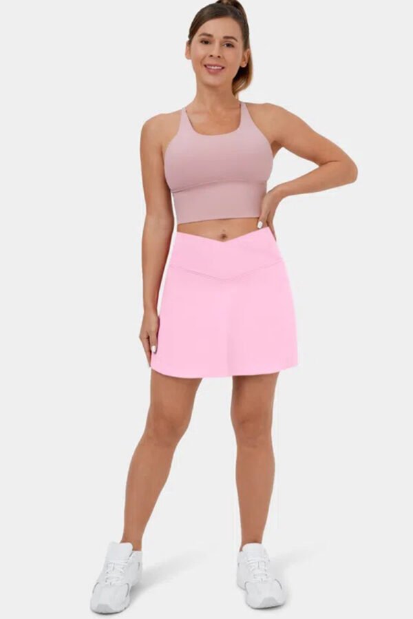 Pink Solid Pocketed Crossover High Waist Swim Skort