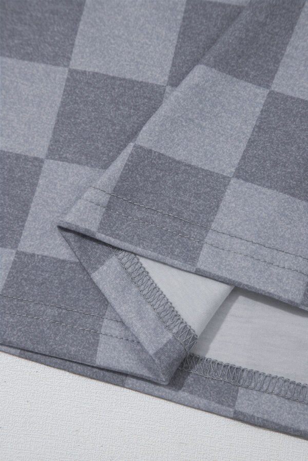 Gray Checkered V Neck Tee Drawstring Shorts Lounge Set