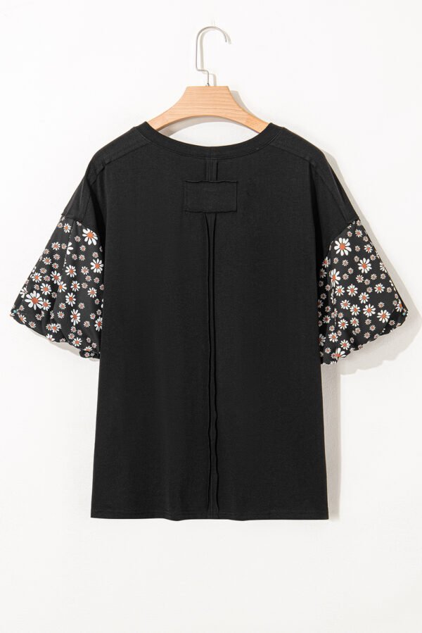 Black Contrast Floral Puff Sleeve Oversized Top