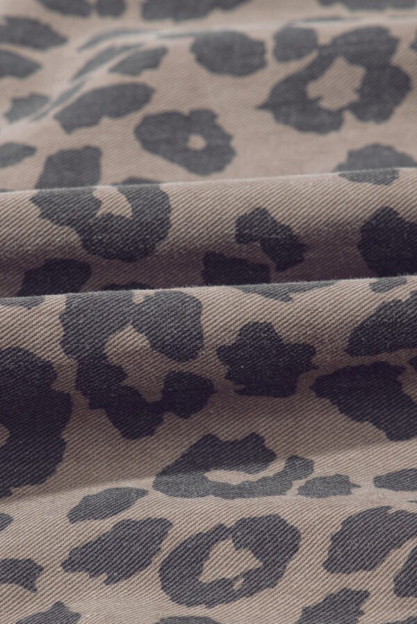 Brown Denim Leopard Printed Short Puff Sleeve Mini Dress