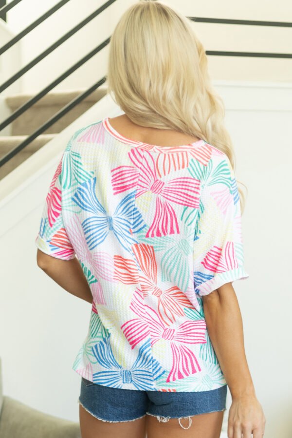 Multicolour Bowknot Printed Waffle Crewneck Loose Short Sleeve Top