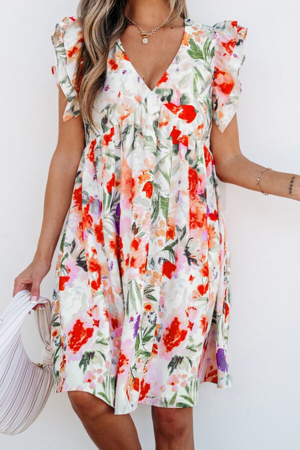 Pink Floral Double Ruffle Sleeve V Neck High Waist Mini Dress