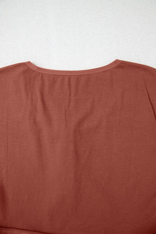 Chestnut Short Sleeve U Neck Buttons Splicing Ruffle Blouse