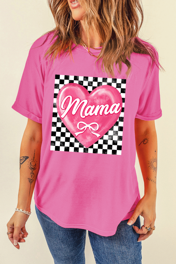 Sachet Pink Checkered Heart Pattern mama Bow Graphic Tee