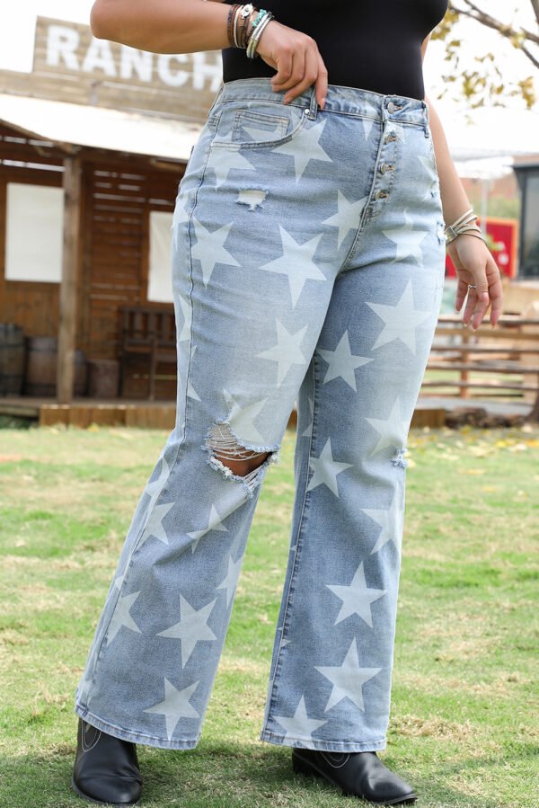 Sky Blue Star Printed Multi Buttons Slit Knee Destroyed Plus Size Jeans