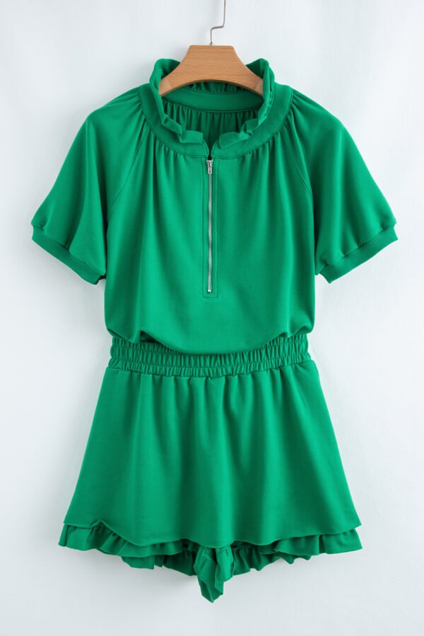 Sea Green Half Zip Puff Sleeve Top and Ruffled Shorts Set