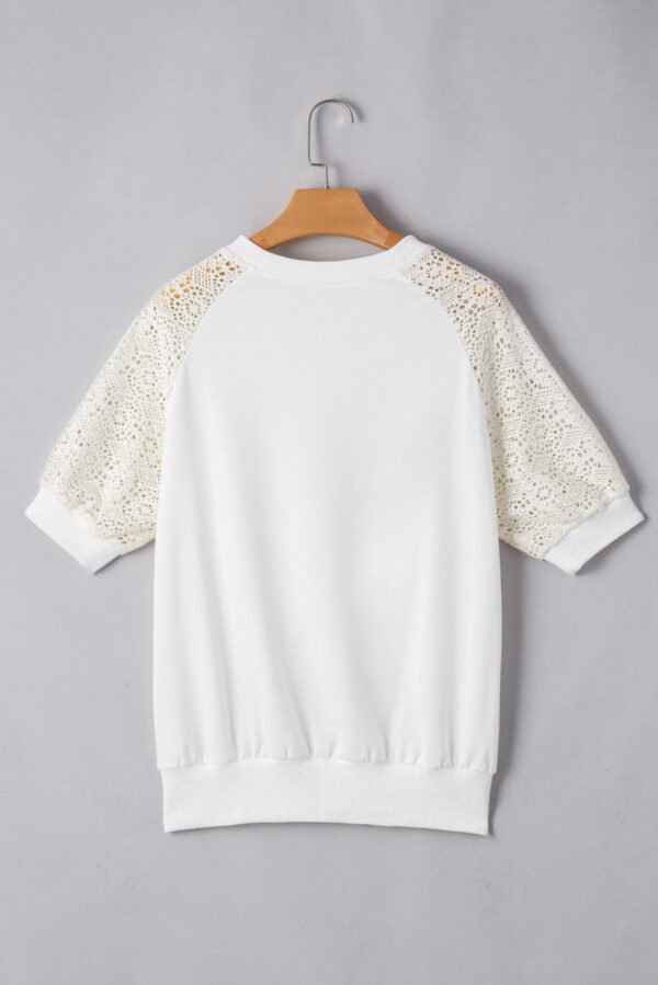 White Lace Crochet Short Sleeve Round Neck T Shirt